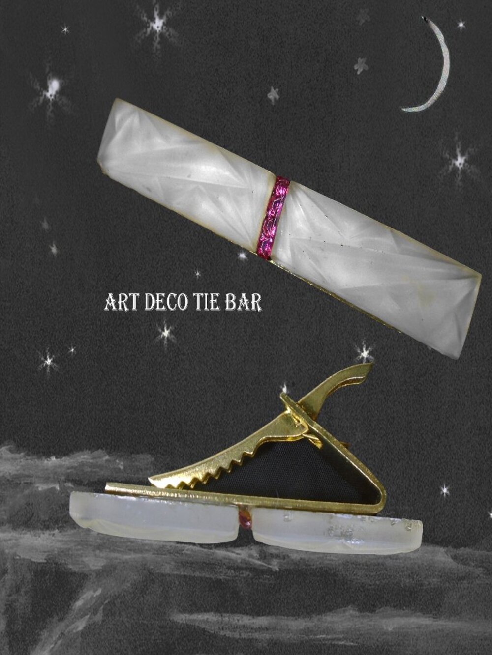 Art Deco Glass Tie Bar Necktie Clip, OOAK Handmade with Vintage--Groom?